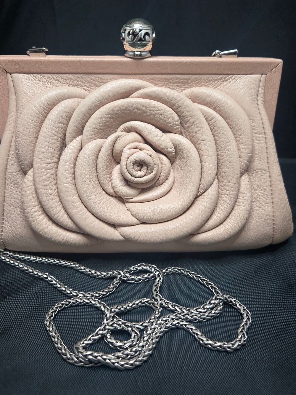 Brighton Blush Rose Applique Leather Kiss-Lock Clutch with Silver Chain